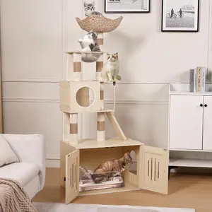 Cat Tree with Litter Box Enclosure, 170cm Cat Tower with House, Ladder, Sisal Scratching Posts, Hammock & Dangling Rope, Wooden Kitty Condo Hidden Washroom for Climbing Playing Sleeping 70 x 45 m