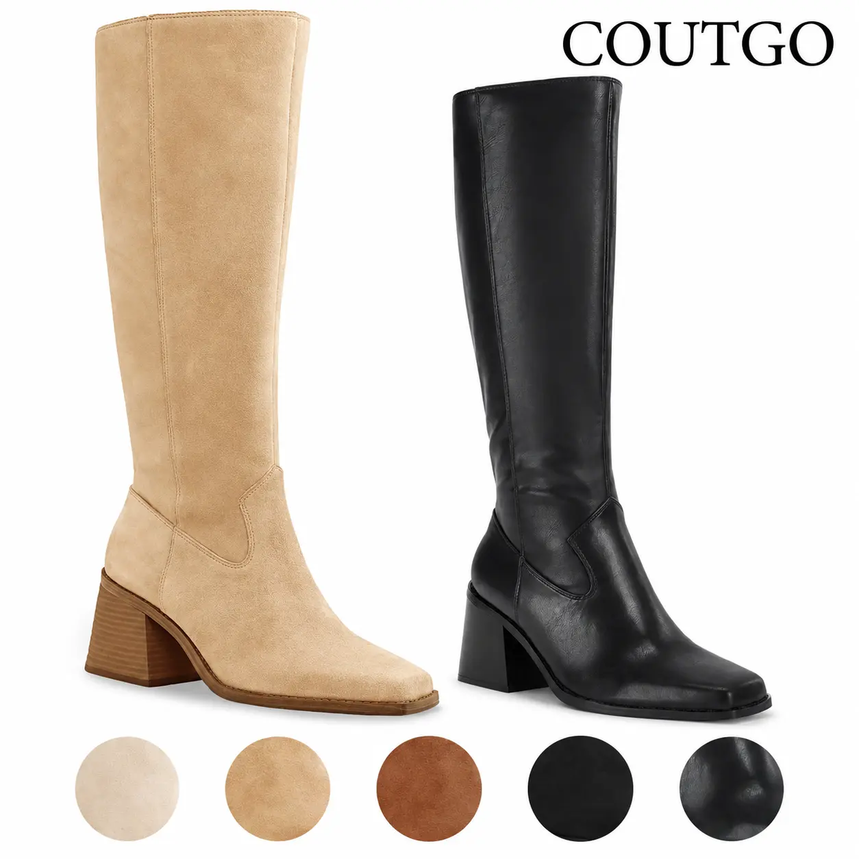 Coutgo Women's Knee High Boots Wide Calf Square Toe Chunky Heeled Pull-on Boot summervibes Footwear Suede Beige