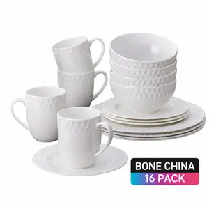 Bone China Dinnerware Sets 16 Piece White Embossed Porcelain Plates Bowls Mugs Lightweight Microwave Dishwasher Oven Safe for 4