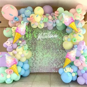 Macaron Rainbow Balloon Set (145 pcs total) – Includes soft-tone latex balloons in macaron colors (pink, yellow, blue, green, purple), long balloon sticks, and colorful ice cream-shaped foil balloons. Ideal for first-birthday parties,
