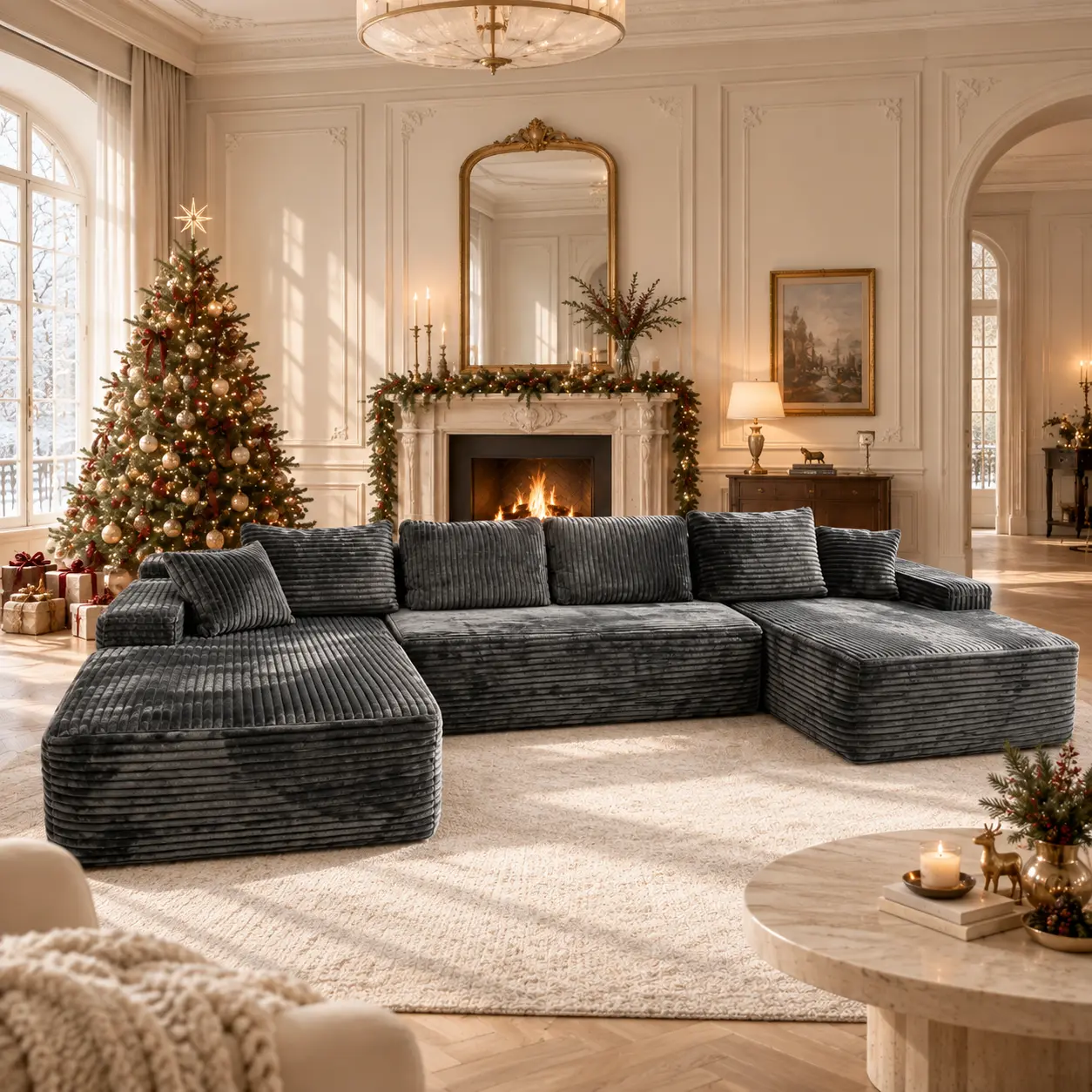 Gray L/U Shaped Modular Sectional Sofa, 131" 6 Seats, Deep Seat Cloud Couch, Cozy Upholstered Living Room Furniture for Christmas Home Decor
