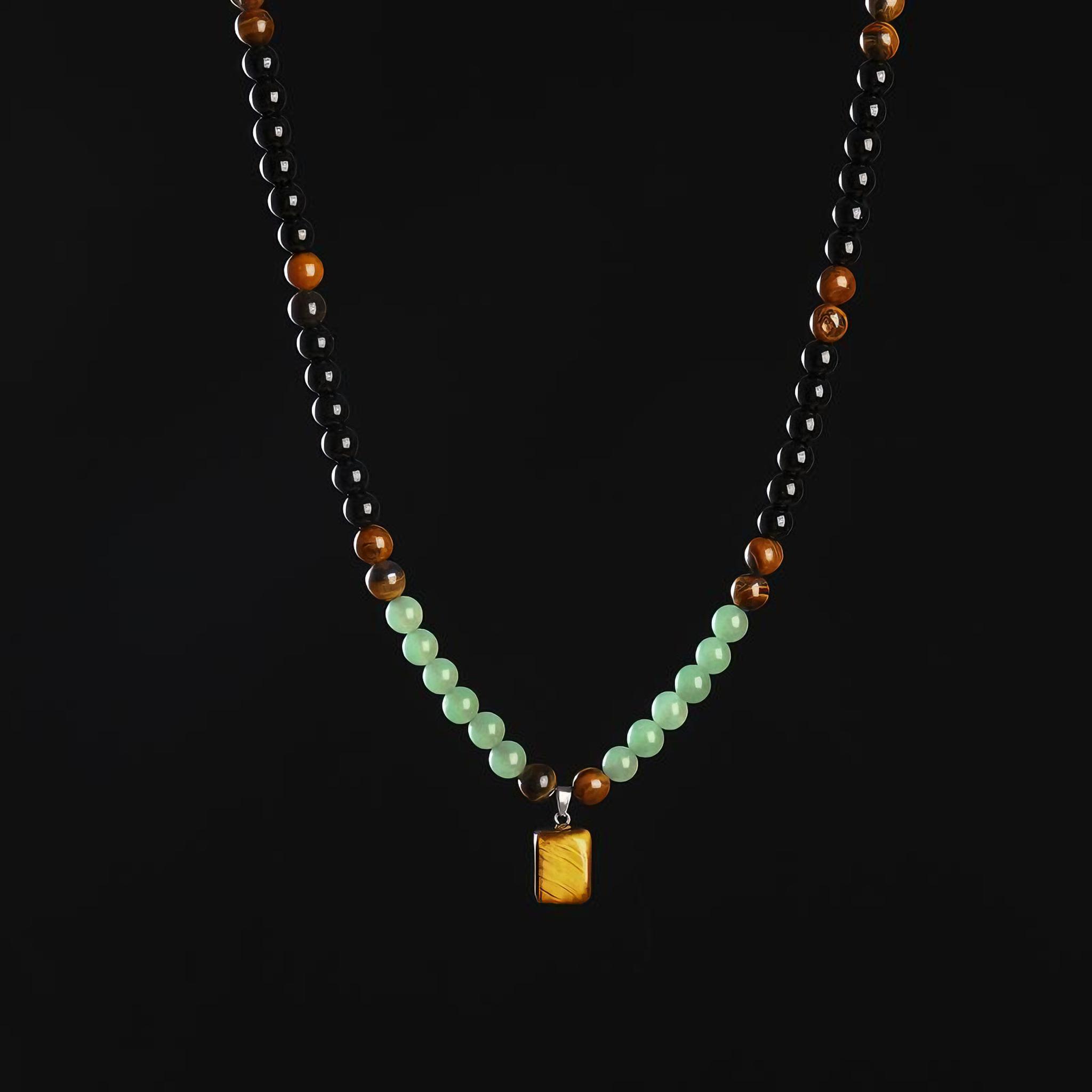 GEMRICH wealth necklace featuring a pendant set with green Dongling jade and tiger’s eye stone, infused with healing crystals; suitable for anniversary celebrations, vacations, and themed parties, and a gift that appeals to both men and women.