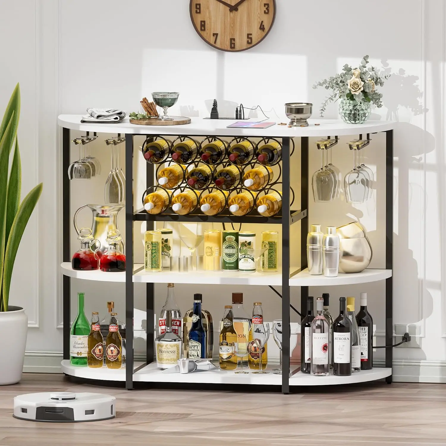 Furmax Rustic 3-Tier Multi-Level Freestanding Wine Rack Table - Stylish Modern Metal Coffee Bar Cabinet, 4-Row Glass Holder, 187 lbs Sturdy Weight Capacity, Indoor Kitchen Storage for Bottles & Utensils Stainless Steel