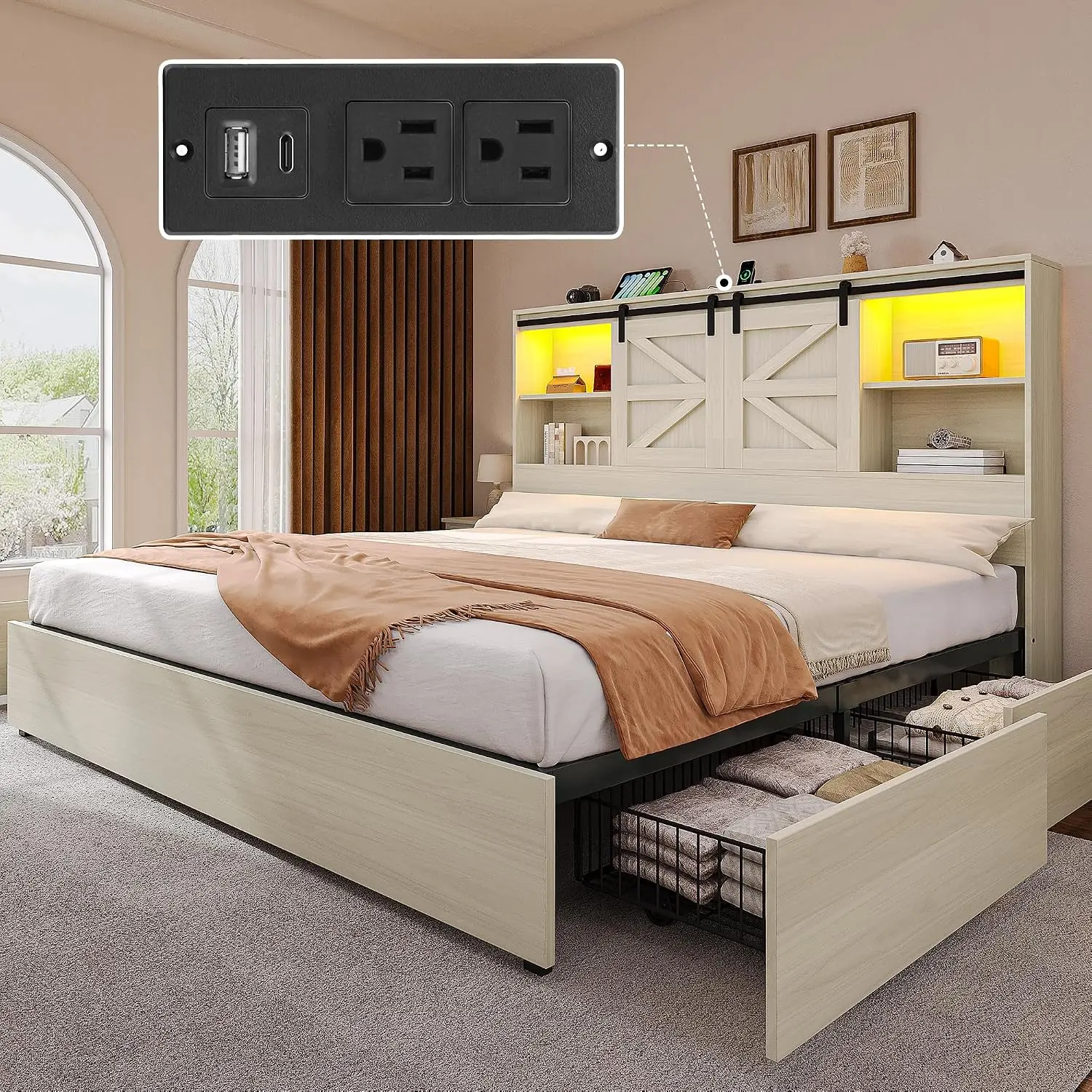 【Ships in 2 Packages】YITAHOME Farmhouse King Size Bed with 50" Tall Storage Bookcase Headboard Sliding Barn Door, 4 Storage Drawers, RGB LED Bed Frame w/ Type-C&USB Charging Station, No Box Spring Needed, Antique White