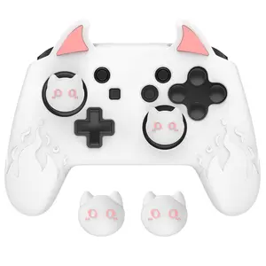 playvital Cute Demon Silicone Grip Cover for Nintendo Switch Pro Controller, Anti-Slip, Kawaii Protective Skin with Joystick Caps and Stickers Compatible with Nintendo Switch Pro- White