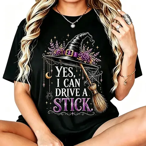 Women's Slim Short-Sleeve Crew Neck Halloween Humor Graphic Tshirt - "Yes I Can Drive A Stick" Witch Hat Broom Print Streetwear Casual Tshirt Shirt, Funny Shirts Apparel Top