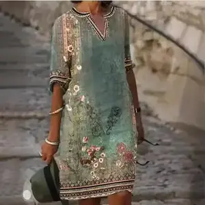 Women's Casual  Straight Mid-Length  Dress Green, Half-Sleeve Floral Print Autumn