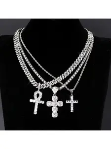 Popular Hip-Hop Cuban Chain Fashionable Unique Eye of Horus Ankh Cross Necklace Three Layers Diamonds Statement Jewelry for Men Women