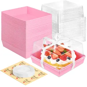 7 x 7 x 4 Inches Pink Paper Cake Boxes with Clear Lids, 20 Pack Square Charcuterie Boxes Disposable To Go Food Containers for 4-6 Inch Cake, Jumbo Cupcakes, Bakeries