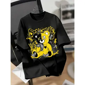 For Spring & Summer, Loose Fit Crew Neck Drop Shoulder Stitching Bear & Letter Print Casual T-shirt, Women's Clothing