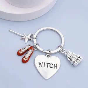 1Pc Witch Theme Keychain with Red Shoes, Magic Wand, Castle and Heart Pendant - Zinc Alloy Keyring for Backpacks and Accessories for Halloween