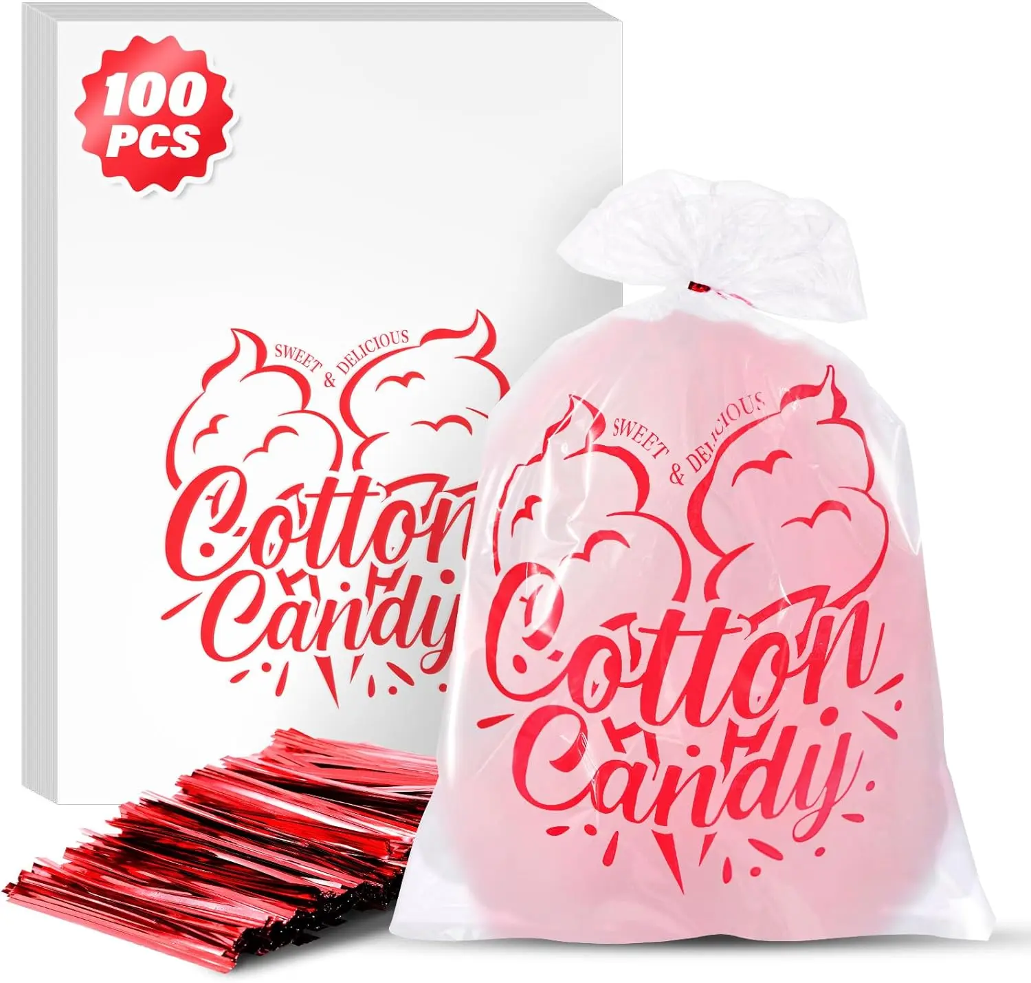 100PCS Bulk Plastic Cotton Candy Bags (11.8 x 17.7 inches) - Water-Resistant Fun Print Party Bags for Sticks, Cones, Sweet Treats, Fairs, Movies, Festive Supplies, Ideal for Kids, Carnival