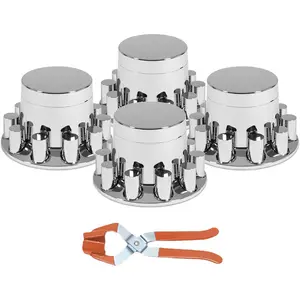 4 Rear Axle Cover ABS Chrome Flat Top Kit with 33mm Thread-on Lug Nut Covers and Removable Center Caps for Semi Trucks