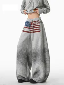 Unisex Cotton Wide-Leg Sweatpants - Gray Gradient American Flag Print, Trendy Casual Athletic Pants
