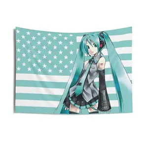 Anime girl tapestry wall hanging with American flag; kawaii manga polyester wall decor for bedroom/dorm room; aesthetic Japanese anime wall cloth poster; gamer girl room decoration background tapestry; pastel gamer aesthetic room decor fabric poster