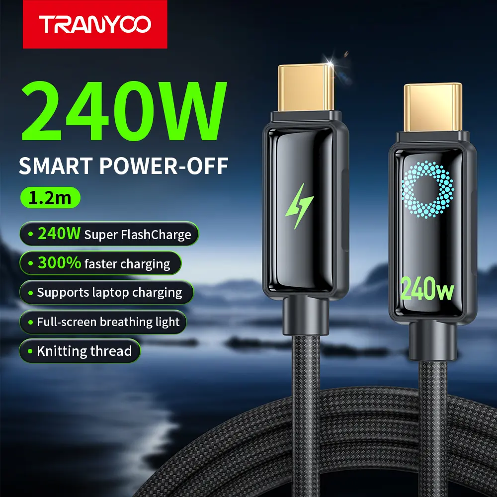 TRANYOO T-CC-9 240W USB C to USB C Charging Cable, Smart Power-Off Fast Charging Cord with LED Breathing Light, 1.2M 48-Braided Nylon, E-Marker Chip for Laptop, iPhone, Samsung Galaxy, MacBook Pro/Air, iPad Pro summerwins