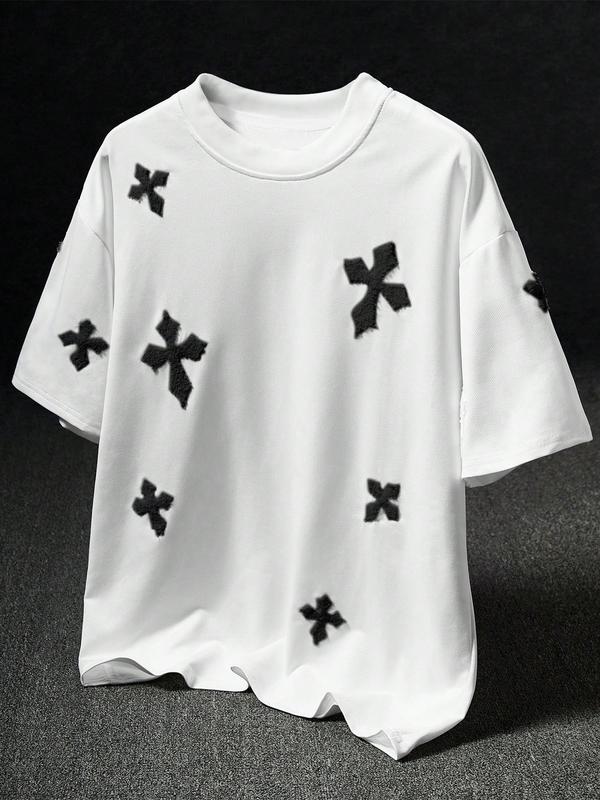 Men's Cross Stitch Embroidered Solid Color Round Neck T-Shirt, Casual Fit Streetwear, Casual Fitted Long Sleeve Top for All Seasons, Sporty College Style