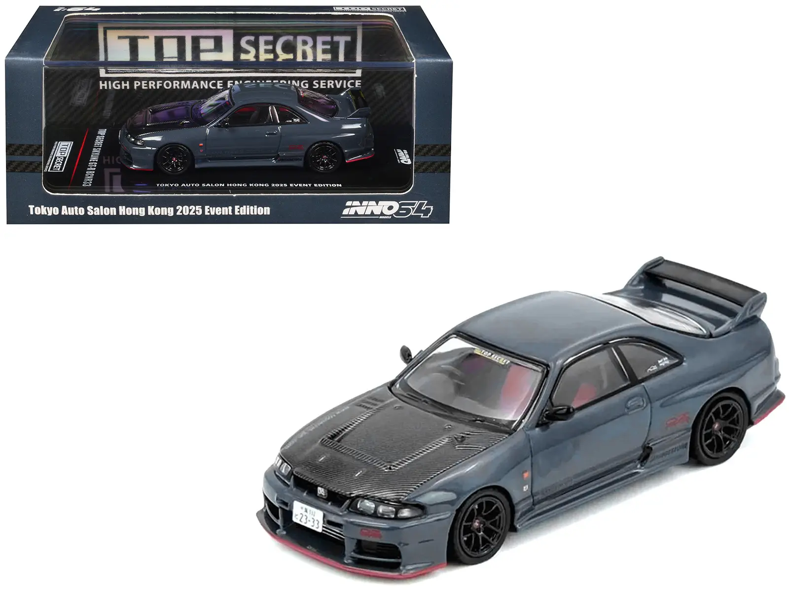 Nissan Skyline GT-R (BCNR33) Stealth Gray w/Carbon Hood "Tokyo Auto Salon Hong Kong 2025" 1/64 Diecast Model Car by Inno Models