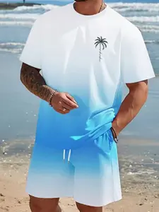 Men's Outdoor Summer Fashion Round Neck Short Sleeve Set, Tropical Digital Print Pattern, Casual Street Style, Perfect for Daily Wear, Gifts