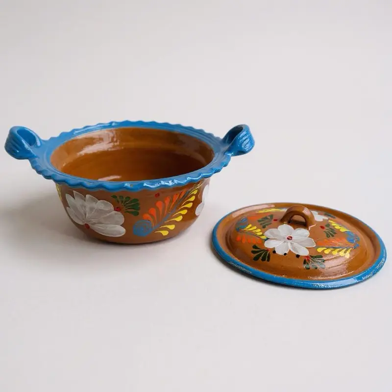 Mis Jarritos Large Decorated Mexican Clay Casserole Pot W/Lid – 1 to 1.25 Gallon - Cazuela de Barro Decorada Con Tapa – Handmade Cookware - Terracotta Pot – Made in Mexico