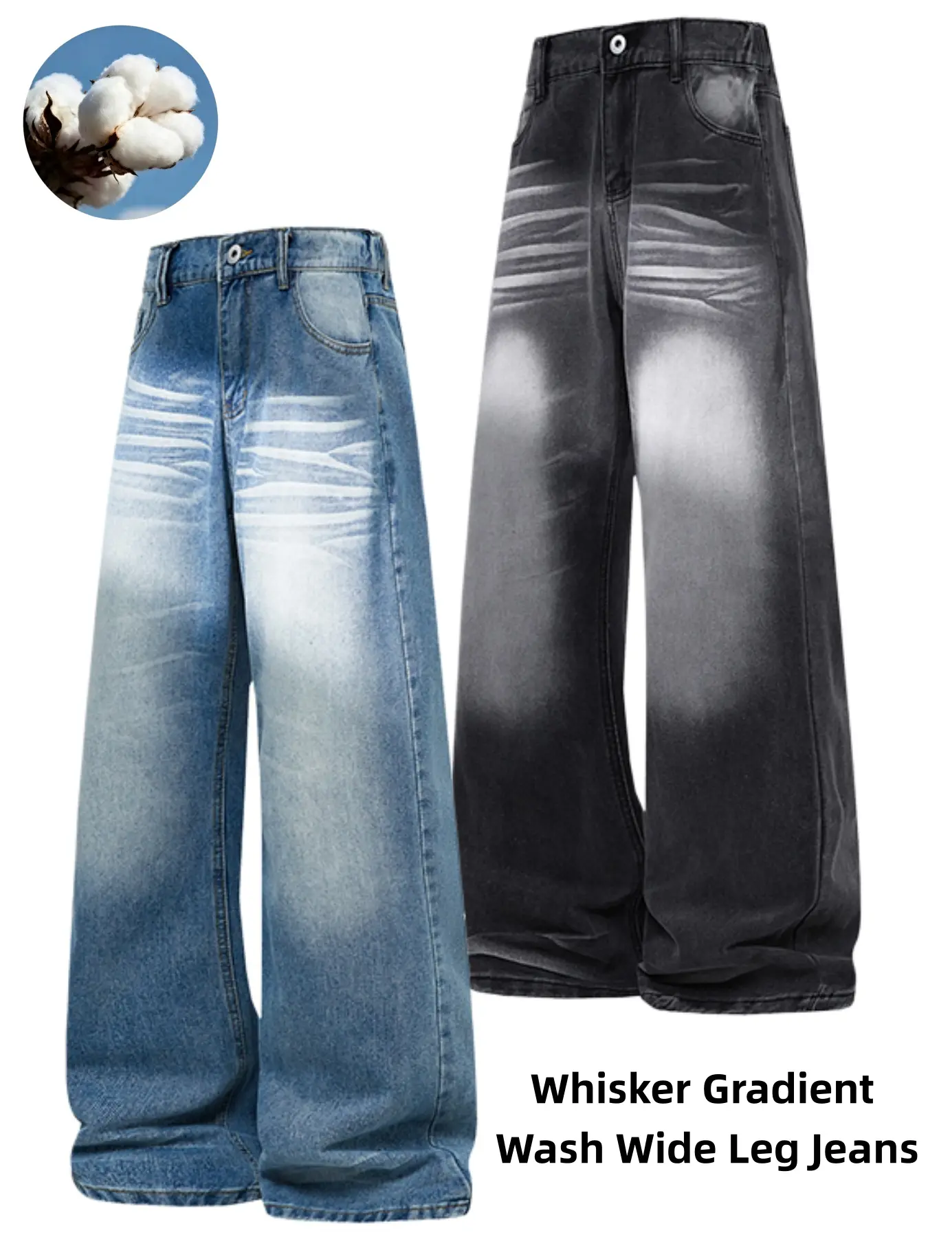 Men's Whisker Gradient Wash Wide Leg Jeans, Vintage Faded Baggy Denim Pants, Horizontal Whisker Retro Streetwear Trousers, Elastic Back Waist Oversized Casual Denim Bottoms For Skater Hip Hop Urban Trendy Outfits