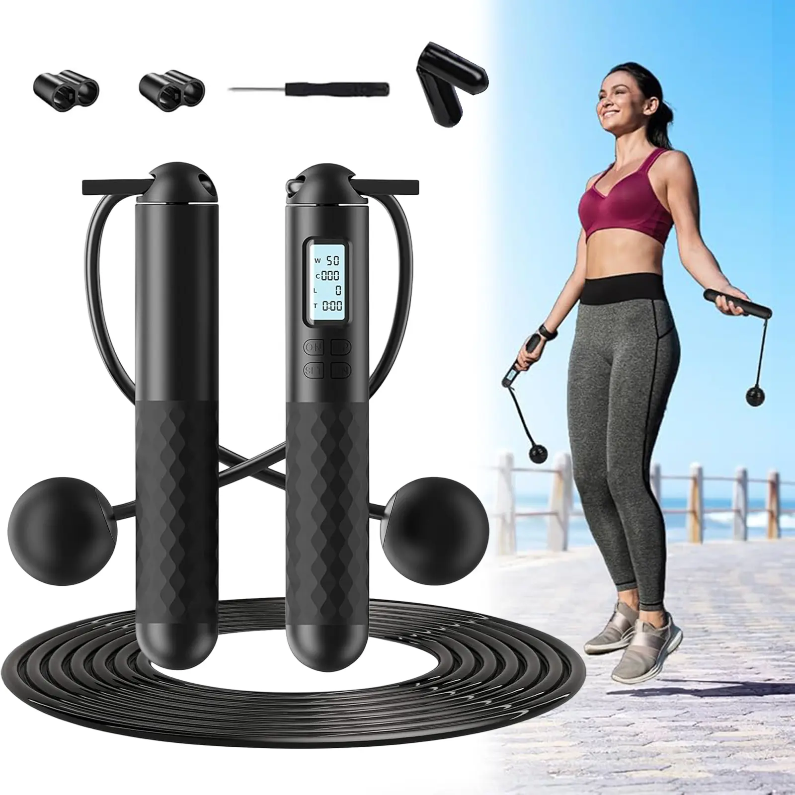 Adults' Cordless Digital Counter Skipping Rope, Built-in LCD Display, Large Weighted Balls, Portable for Women's Daily Cardio Training