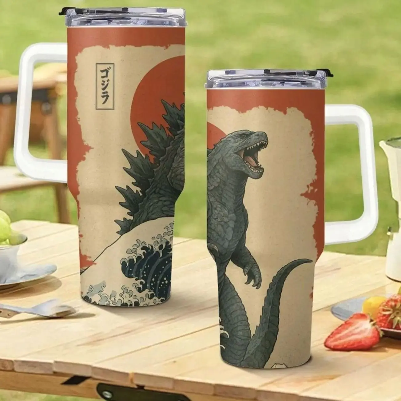 Godzilla 40oz Insulated Tumbler With Handle & Straw, Japanese Ukiyo-e Great Wave Stainless Steel Travel Mug, Vintage Kaiju Monster Fan Graphic Cup Gift For Men Women, Retro Rising Sun Anime Coffee Mug, Japan Pop Culture Merchandise Gift