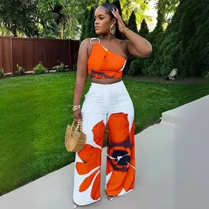 two-piece set woman Floral Print Summer Two Piece Set Women Holiday One Shoulder Crop Top and Loose Wide Leg Pants Matching Sets Outfits Vacation