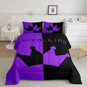Crown Comforter,Soft Quilt Set,His and Hers Couple Luxury Bedding Set,Romantic Valentine's Day Black and Purple Designer Comforter Set