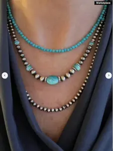 3pcs Western Cowboy Style Turquoise Beaded Navajo Necklace, Antique Silver Bead Choker For Daily Wear With A Variety Of Outfits
