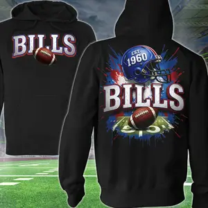 Bills Football 2 Sided Hoodie, EST 1960 Football Player Sweatshirt, Sports Apparel, Red & Blue Helmet Pullover Classic T-shirt, Graphic Printed Streetwear Top, 100% Cotton, Gift For Fans