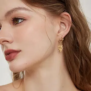 Chunky Gold Sun Leaf Huggie Dangle Hoop Earrings for Women, Trendy Lightweight Statement Hypoallergenic Prom Wedding Fashion Jewelry Gift