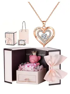 Elegant Heart Shaped Rhinestone Decor Pendant Necklace with Flower Rose Box, Fashionable Heart Design Necklace for Women, Elegant Jewelry for Wedding Party, Accessories, Valentine's Day, Gifts for Her, Mother's Day Gifts, Gift Set for Mothers, Love