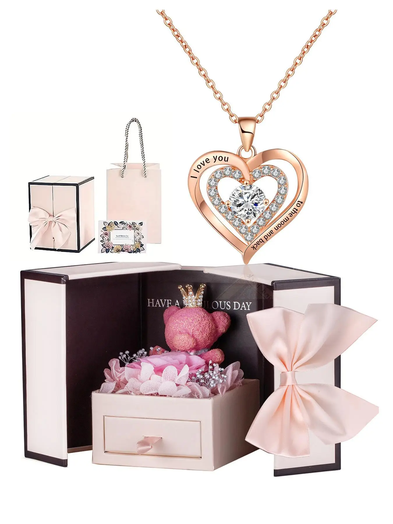 Elegant Heart Shaped Rhinestone Decor Pendant Necklace with Flower Rose Box, Fashionable Necklace for Women, Elegant Jewelry for Wedding Party, Access