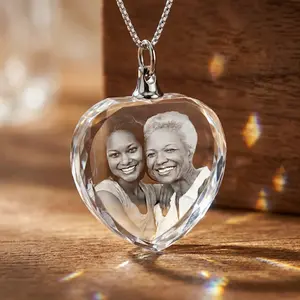 Custom Photo Heart Crystal Necklace, 3D Laser Engraved Personalized Memorial Keepsake Gift for Mom