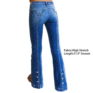 Flamingals Stitch Detail Button Decor High Waist Flare Leg Jeans Womenswear Stretch Denim