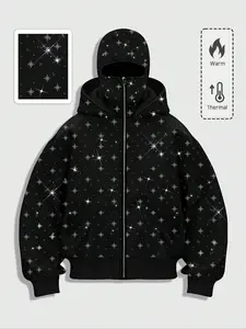 Men's Street Style Rhinestone HooMen's Street Style Rhinestone Hooded Sweatshirt, Pocket and Zip Design, Fall & Winter Wear, Geometric Pattern, Fitted Fitded Sweatshirt, Pocket and Zip Design, Fall & Winter Wear, Geometric Pattern, Fitted Fit