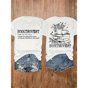 Women's Book Lover T-Shirt - "Booktrovert" Definition, 180g, Double-Sided Print with Books & Floral Design, Casual Round Neck Short Sleeve Tee, Perfect for Summer Outfits, Book Lover Gifts