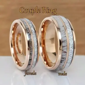 Stainless Steel His and Her Wedding Ring Set with Imitation Meteorite and Deer Antler Design