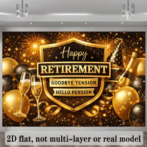 2D Flat Banner Polyester Photography Backdrop, HD Digitally Printed Black and Gold Happy Retirement Theme, Soft Lightweight Foldable Background Cloth for Retirement Party Celebrations, Photo Booth, Studio Shooting, and Event Decor