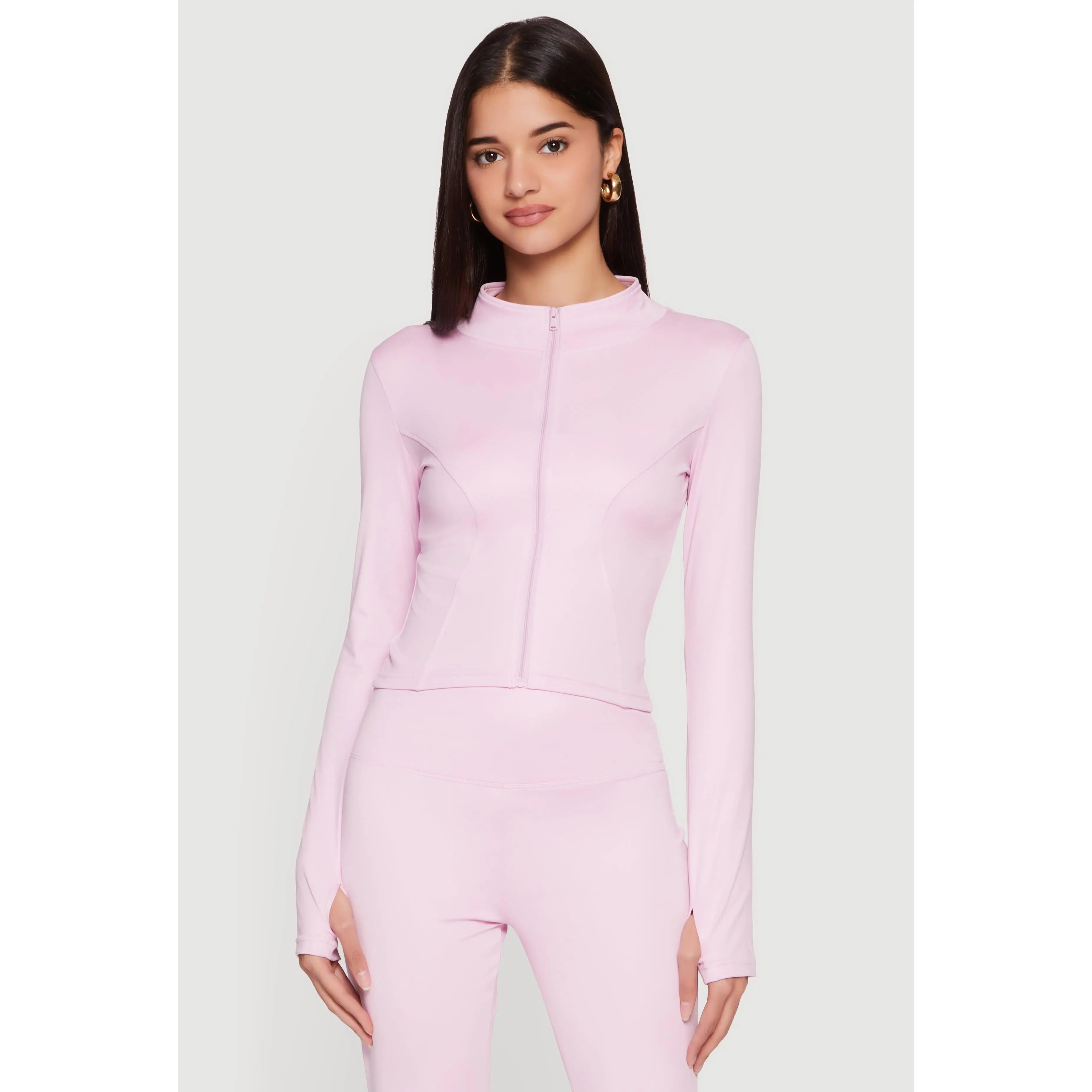 Cropped Mock Neck Zip Front Jacket with Thumb Holes