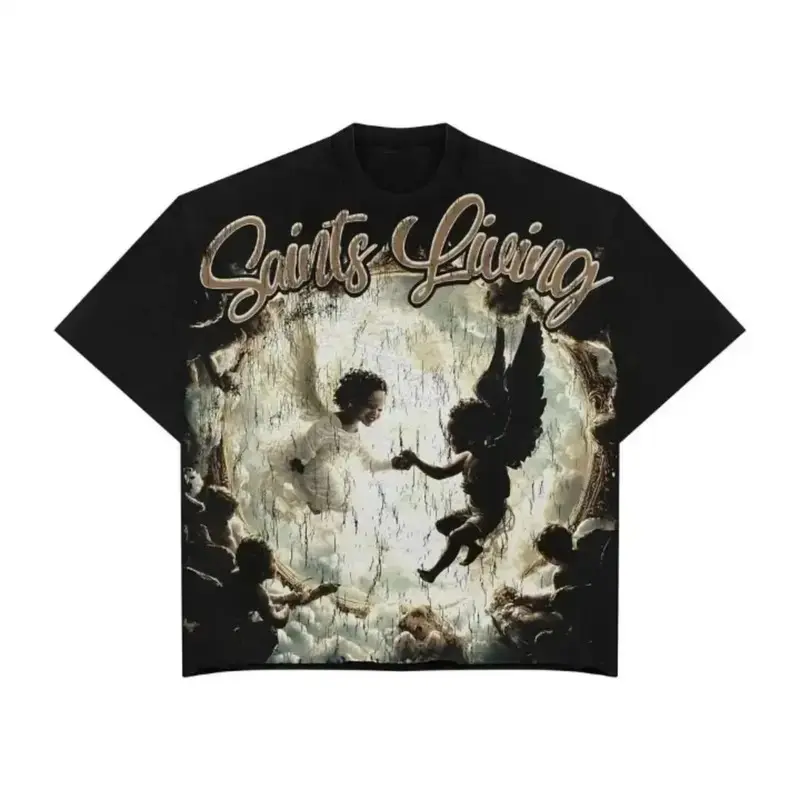 Renaissance Angel Cherub Graphic Oversized Heavyweight T-Shirt Y2K Grunge Streetwear Saints Living Black and White Angel 100% Premium Cotton Tee Vintage Wash Perfect Aesthetic Gift for Men Women