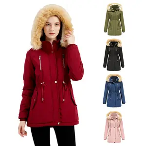BIGWIG women's thickened wool fleece loose detachable brim zipper fashion jacket, lambskin lined parka, warm fluffy faux fur lined jacket, thickened mid-length warm coat, faux fur hooded cold-proof jacket