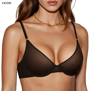 OEAK Womens Sheer Balconette Bra Unlined Plunge Mesh See Through Sexy Bras Underwire No Padding Everyday Bra