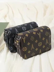 Women's Fashionable PU Leather Card Holder, Simple Casual Multi Card Holder with Double Zipper, Casual Trendy Versatile High-quality Daily Wallet Card Organizer Protector