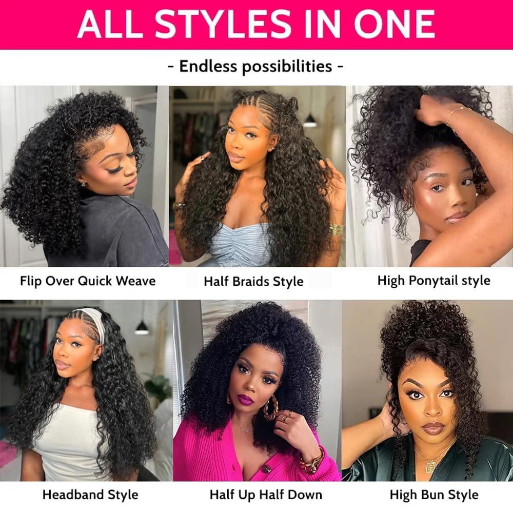 [3 IN 1 HALF] GOULUS Kinky Curly Half Wig Human Hair 200% Density 3 IN 1 Glueless Ready To Go Half Wig Human Hair With Drawstring Seamless Clip Ins Flip Over No Glue No Lace For Women Beginner Friendly