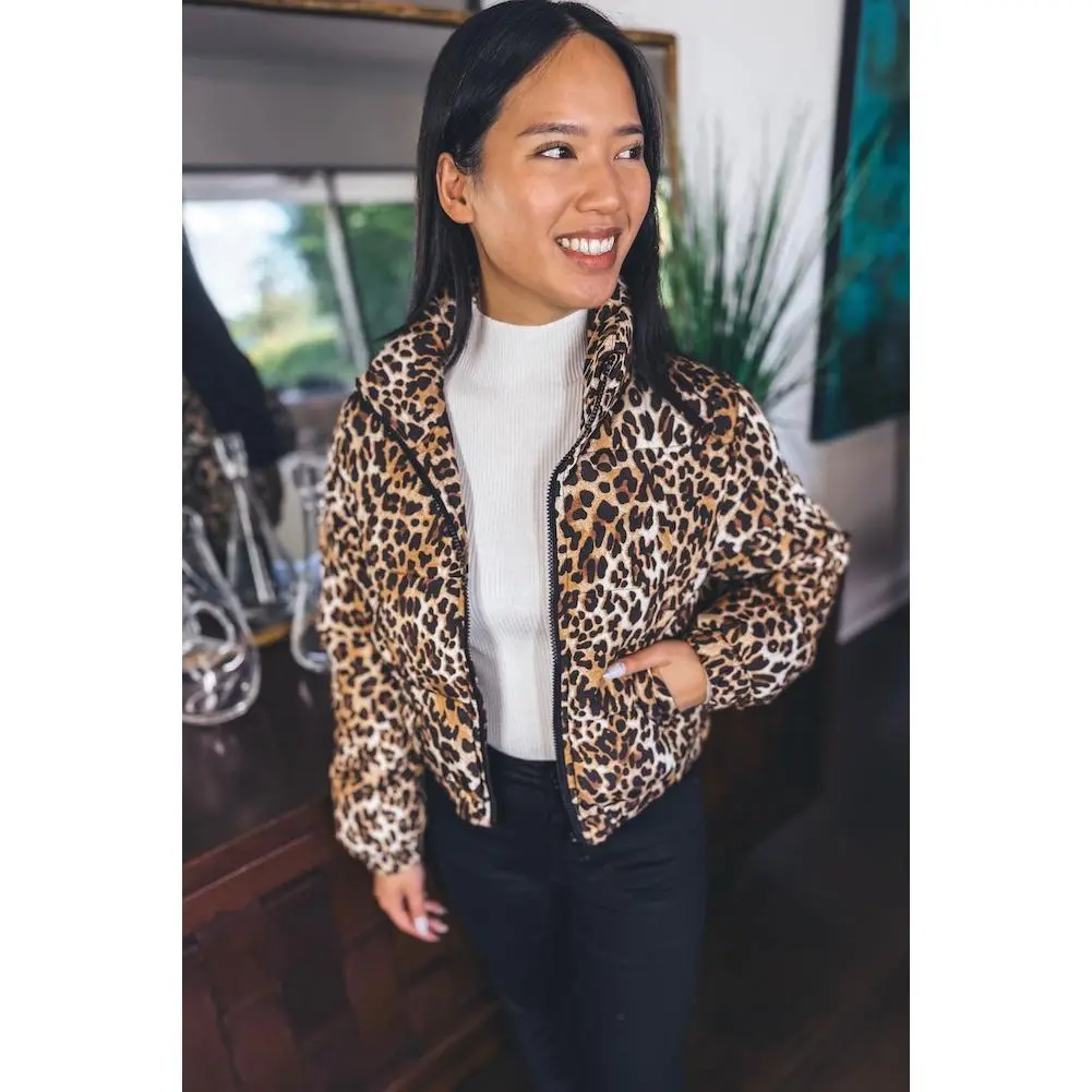 Leopard Puffer Coat Camel