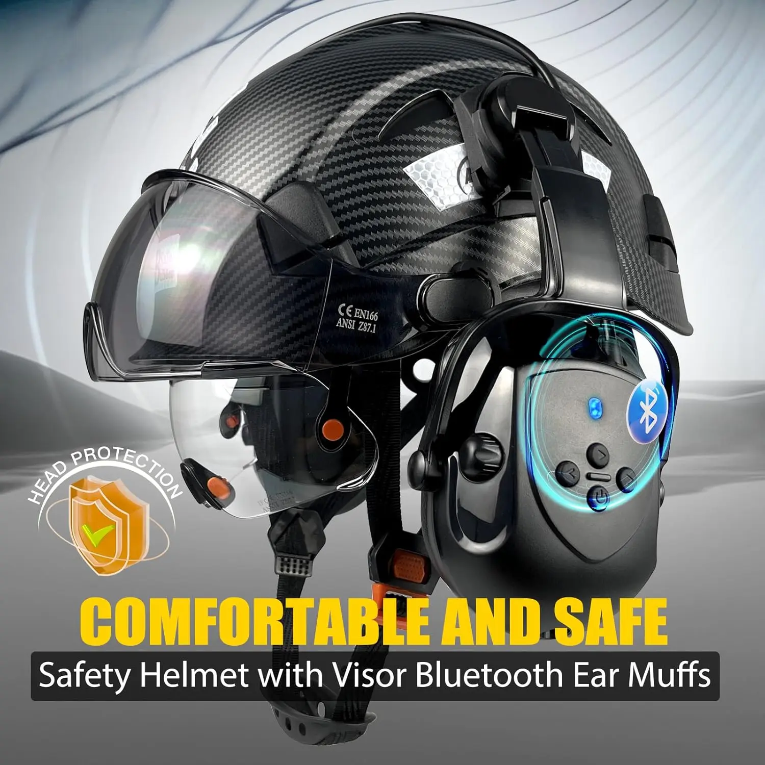 Vented Hard Hat with Visor and Bluetooth Ear Muffs, SNR 26dB Hearing Protection, Adjustable Suspension, Construction Safety Head Gear Vented Hard Hat with Visor and Bluetooth Ear Muffs, SNR 26dB Hearing Protection, Adjustable Suspension, Construction Safety Head Gear