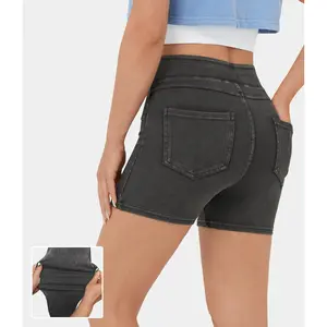 Halara Flex High Waisted Back Side Pocket Stretchy Knit Denim Casual Shorts 3"