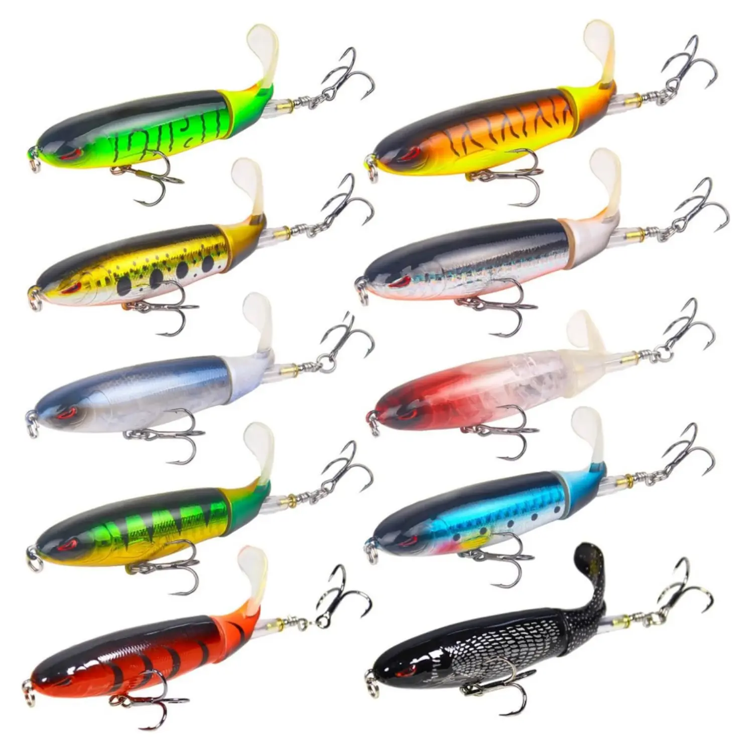 10Pcs Topwater Fishing Tackle - Soft Plastic Bass Fishing Lures, Whopper Popper Floating Pencil Bait with Rotating Tail for Freshwater/Saltwater (Home Improvement, Building Supplies, Wallpaper & Wall Trim)